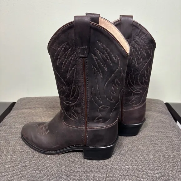 Old West Cowboy Western Boots-Dark Brown-Leather-Women Size 7/Youth Size 5.5