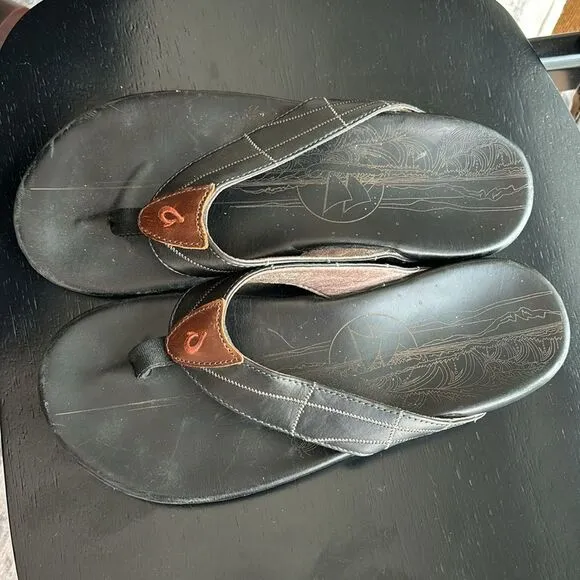Olukai Men’s Hokule'a Kia leather black Sandals flip flops size 13 EUC!