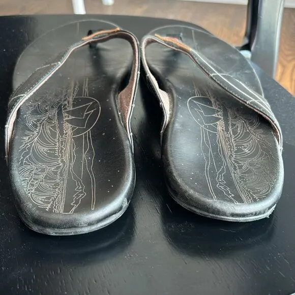 Olukai Men’s Hokule'a Kia leather black Sandals flip flops size 13 EUC!