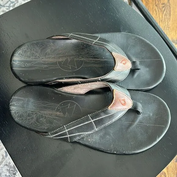 Olukai Men’s Hokule'a Kia leather black Sandals flip flops size 13 EUC!