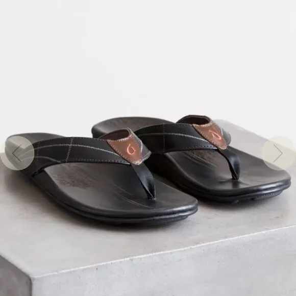 Olukai Men’s Hokule'a Kia leather black Sandals flip flops size 13 EUC!