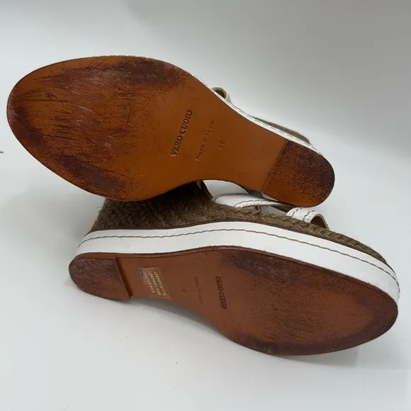 Paloma Barcelo White Leather Wedge Sandals Size 40 Made in Spain Vero Cuoio