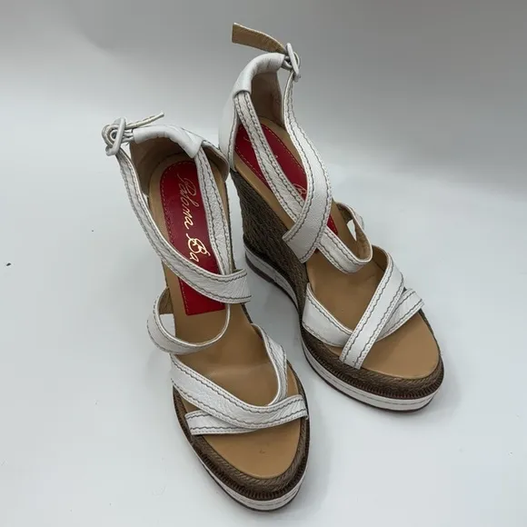 Paloma Barcelo White Leather Wedge Sandals Size 40 Made in Spain Vero Cuoio