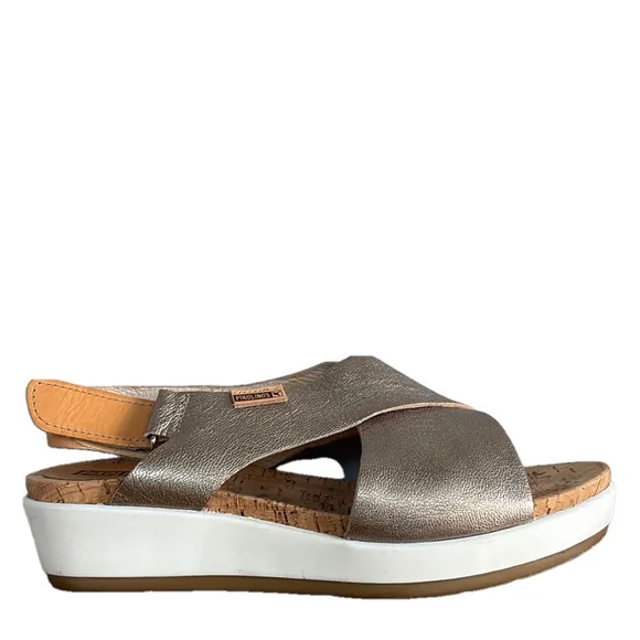 Pikolinos Romana Silver Tan Leather Sandals with Crisscross Straps and Slingback