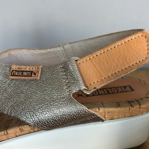 Pikolinos Romana Silver Tan Leather Sandals with Crisscross Straps and Slingback