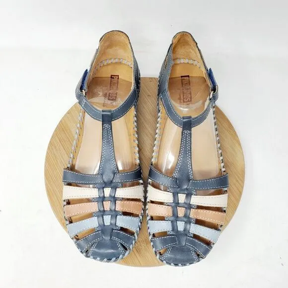 Pikolinos Puerto Vallarta Sandal Womens 39 Blue Leather T Strap Closed Toe Shoes