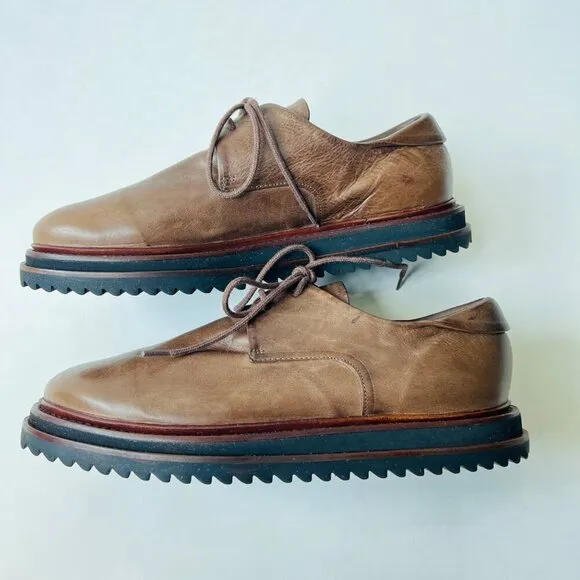 P.Monjo women flat form leather lace up loafers , brown, Size 40