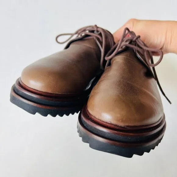P.Monjo women flat form leather lace up loafers , brown, Size 40