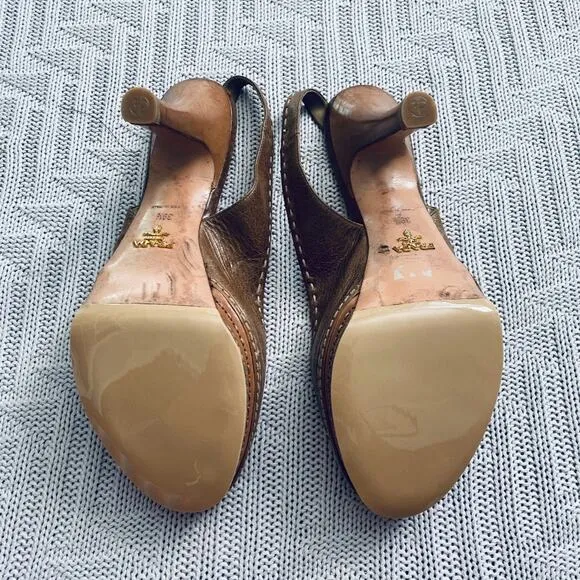 Prada brown leather peep toe slingback heels, 9.5
