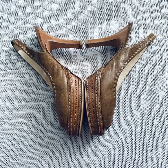 Prada brown leather peep toe slingback heels, 9.5