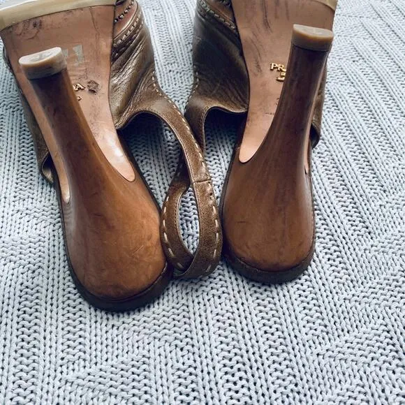 Prada brown leather peep toe slingback heels, 9.5