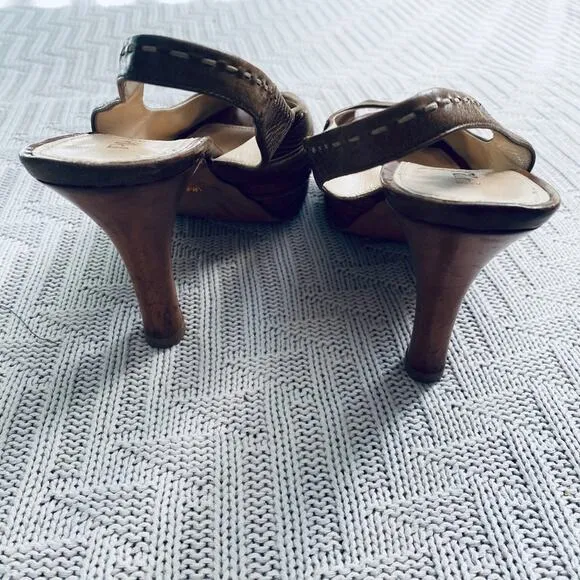 Prada brown leather peep toe slingback heels, 9.5