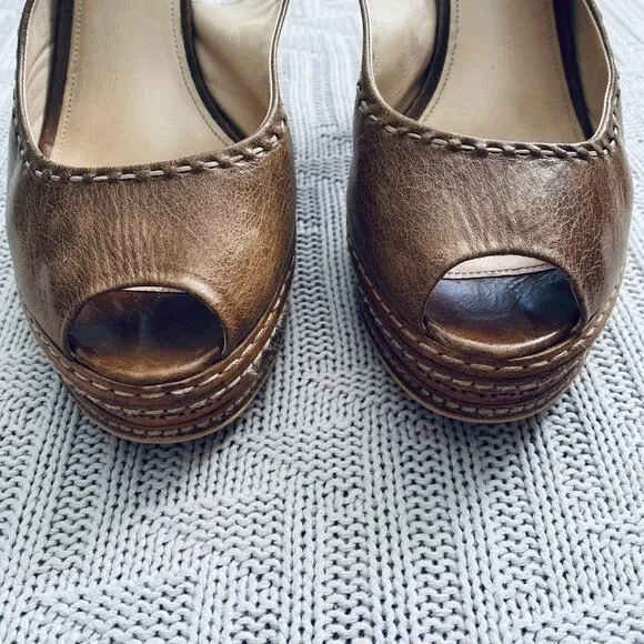 Prada brown leather peep toe slingback heels, 9.5