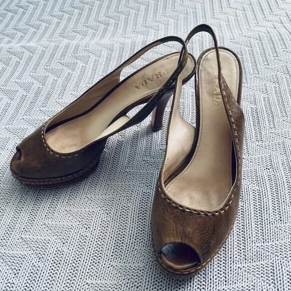 Prada brown leather peep toe slingback heels, 9.5