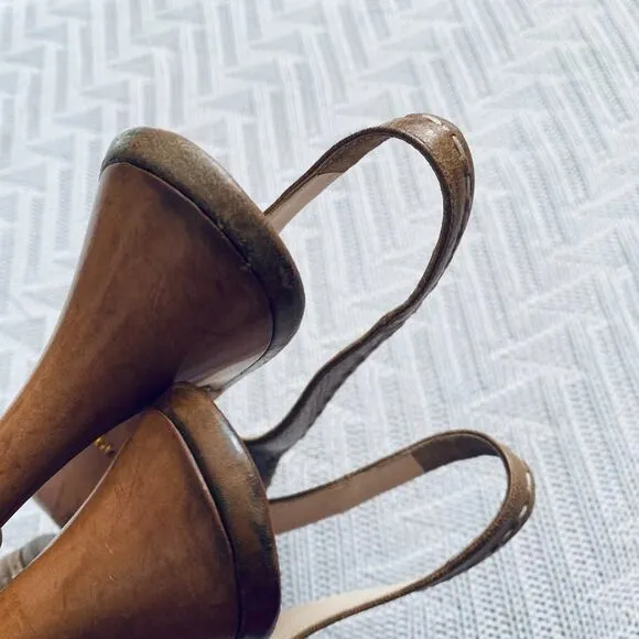 Prada brown leather peep toe slingback heels, 9.5