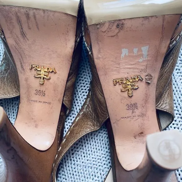 Prada brown leather peep toe slingback heels, 9.5