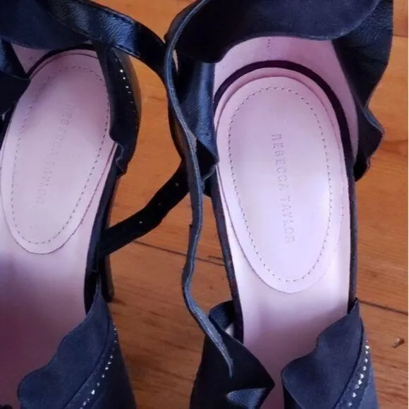 Rebecca Taylor Leather Suede Ankle Strap Peep Toe Embellished Shoes Heels Size 6