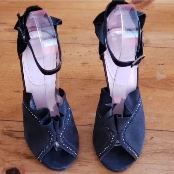 Rebecca Taylor Leather Suede Ankle Strap Peep Toe Embellished Shoes Heels Size 6