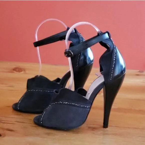 Rebecca Taylor Leather Suede Ankle Strap Peep Toe Embellished Shoes Heels Size 6