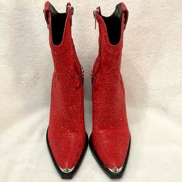 Red Clubexx Dolls Kill Rhinestone Pointed Toe Sparkly CowBoy Boots Size 7M