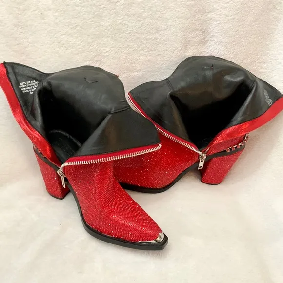 Red Clubexx Dolls Kill Rhinestone Pointed Toe Sparkly CowBoy Boots Size 7M
