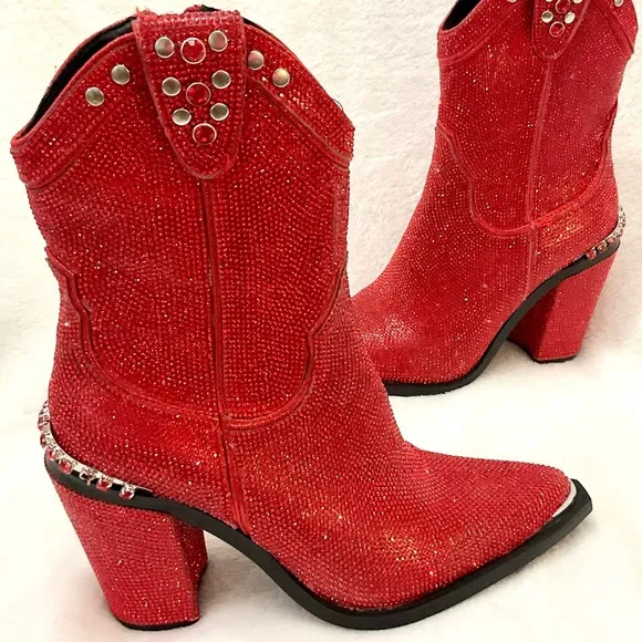 Red Clubexx Dolls Kill Rhinestone Pointed Toe Sparkly CowBoy Boots Size 7M