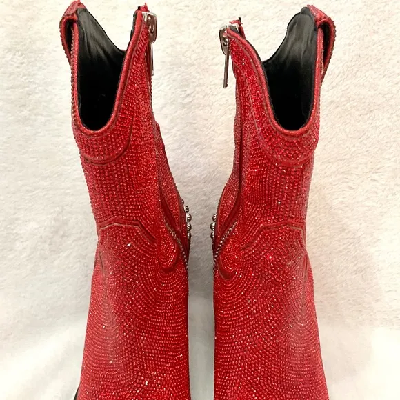 Red Clubexx Dolls Kill Rhinestone Pointed Toe Sparkly CowBoy Boots Size 7M