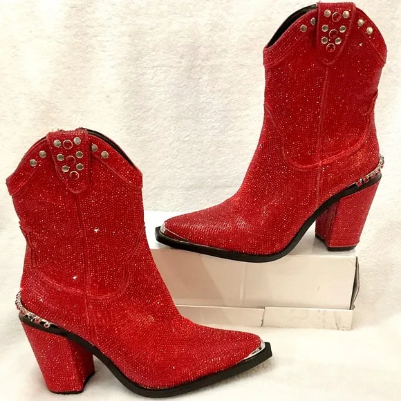 Red Clubexx Dolls Kill Rhinestone Pointed Toe Sparkly CowBoy Boots Size 7M