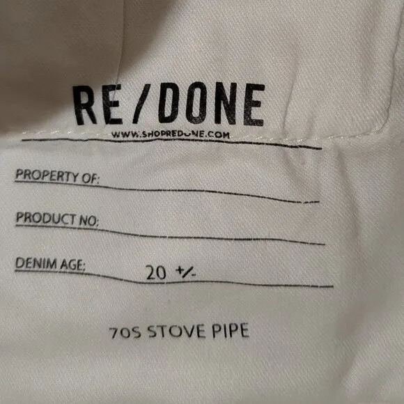 Re/done| 70’s Stove Pipe Jeans Comfort Stretch  Button Fly Vintage White | 28