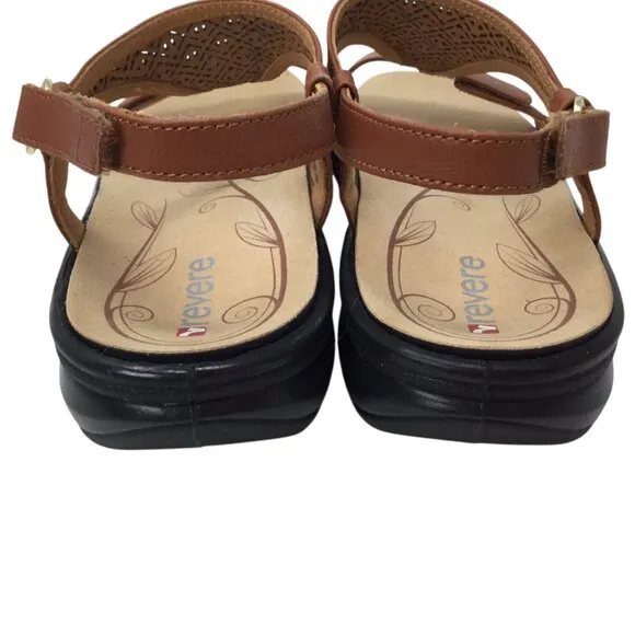 Revere Santa Fe Sandals NWOT Cognac Brown Leather Arch Support T Strap 9 / 40