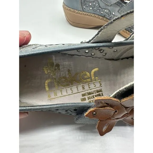 Rieker Women's Doris 72 Mary Jane Blue Leather Comfort Shoes Size 37 / US 6