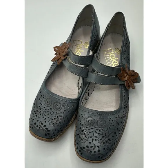 Rieker Women's Doris 72 Mary Jane Blue Leather Comfort Shoes Size 37 / US 6