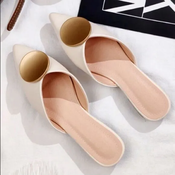 Riveted Off White Crème Gold Pointed Toe Flat Mules Shoes