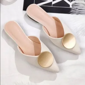 Riveted Off White Crème Gold Pointed Toe Flat Mules Shoes