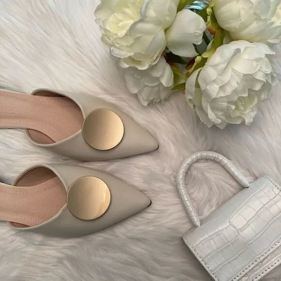 Riveted Off White Crème Gold Pointed Toe Flat Mules Shoes