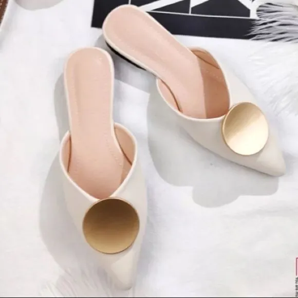 Riveted Off White Crème Gold Pointed Toe Flat Mules Shoes