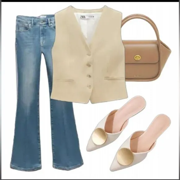 Riveted Off White Crème Gold Pointed Toe Flat Mules Shoes