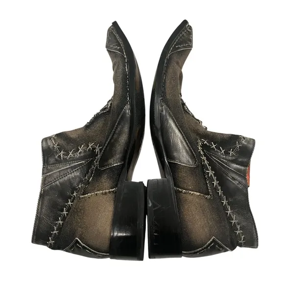Robert Wayne ‘Morris’ Black Denim and Leather Patchwork Ankle Boot Shoes, Sz 9