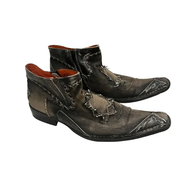 Robert Wayne ‘Morris’ Black Denim and Leather Patchwork Ankle Boot Shoes, Sz 9
