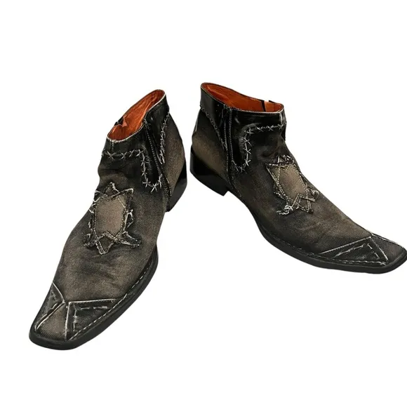 Robert Wayne ‘Morris’ Black Denim and Leather Patchwork Ankle Boot Shoes, Sz 9