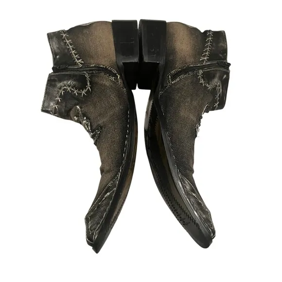 Robert Wayne ‘Morris’ Black Denim and Leather Patchwork Ankle Boot Shoes, Sz 9