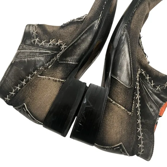 Robert Wayne ‘Morris’ Black Denim and Leather Patchwork Ankle Boot Shoes, Sz 9