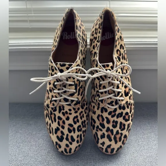 Rollie Derby Camel Leopard Calf Hair Oxford Shoes