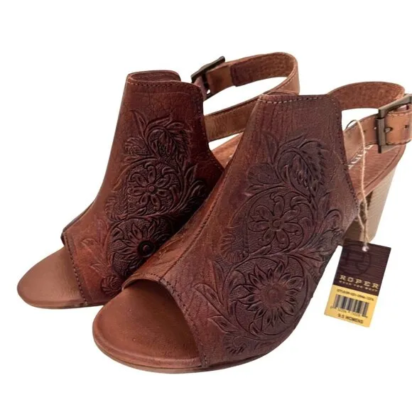 Roper Mika Tan Leather Size 9.5 Women's Tooled Peep Toe Heal NWOB