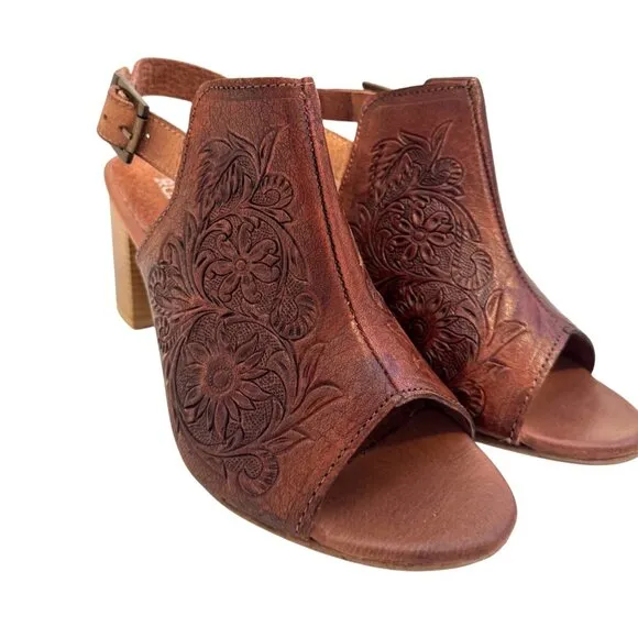 Roper Mika Tan Leather Size 9.5 Women's Tooled Peep Toe Heal NWOB