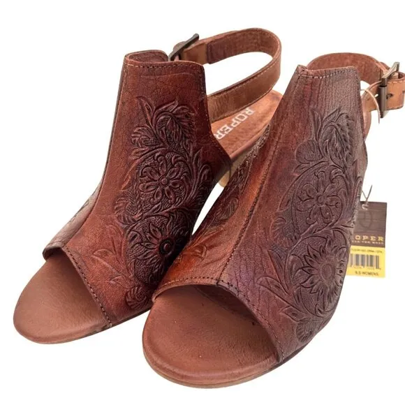 Roper Mika Tan Leather Size 9.5 Women's Tooled Peep Toe Heal NWOB