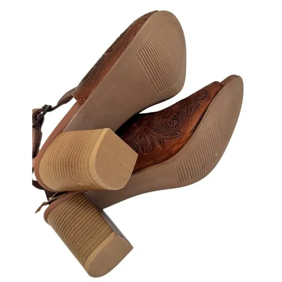 Roper Mika Tan Leather Size 9.5 Women's Tooled Peep Toe Heal NWOB
