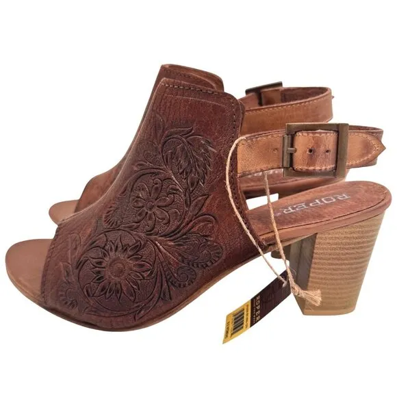 Roper Mika Tan Leather Size 9.5 Women's Tooled Peep Toe Heal NWOB
