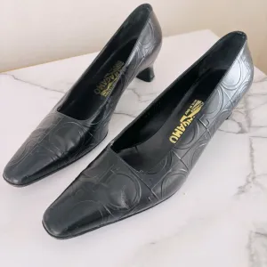 Salvatore Ferragamo Black Leather Square Toe Pumps