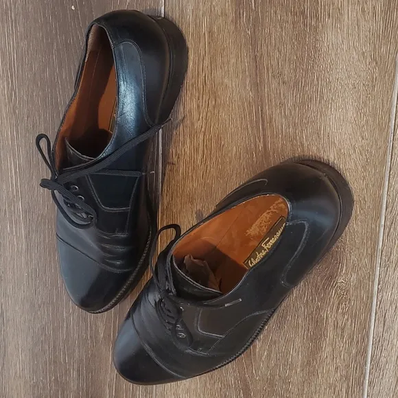 Salvatore‎ Ferragamo Cap Toe Black Oxford Shoes Men's 7 1/2 7.5 2E
